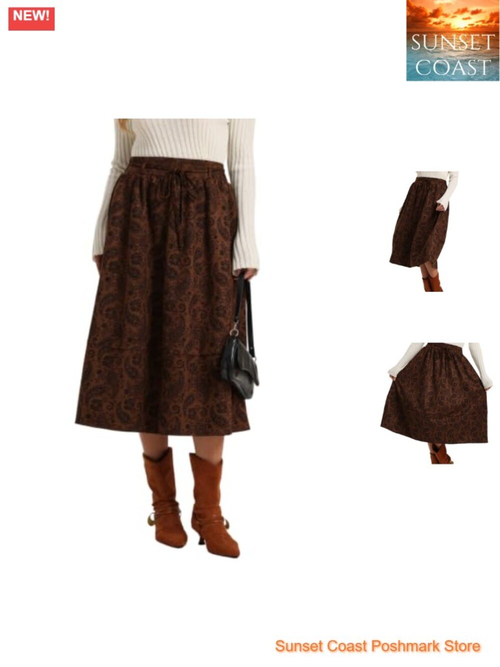 A-Line Midi Skirt Faux Suede Paisley High Waist Tie Back Casual Fall Winter